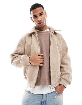 Bershka textured shearling jacket in ecru