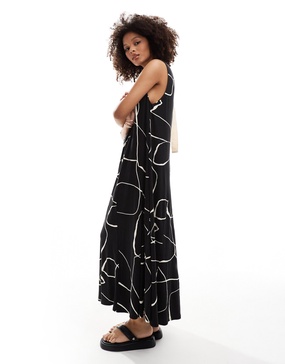ASOS DESIGN sleeveless trapeze maxi with D-ring back detail in black print