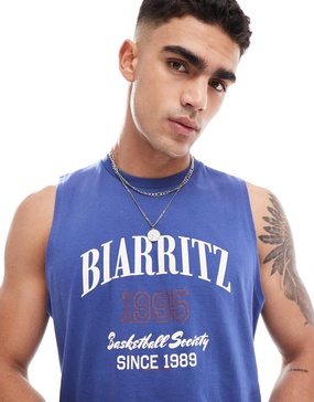 ASOS DESIGN boxy relaxed tank top in blue with chest print