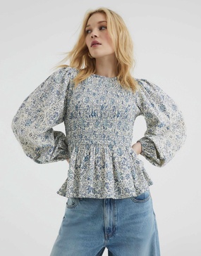 River Island long sleeve shirred top in blue
