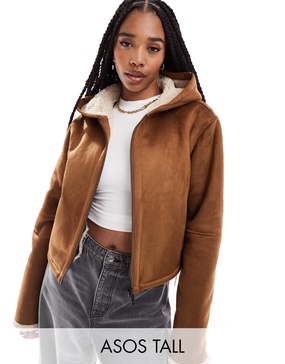 ASOS DESIGN Tall hooded shearling jacket in tan