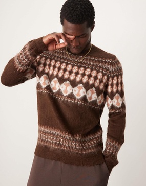 ASOS DESIGN knit crew neck sweater with fairisle pattern in brown