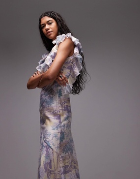 & Other Stories maxi dress with ruffle edging and low back in vintage landscape print