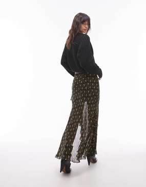 Topshop sheer ruffle maxi skirt in vintage mustard floral
