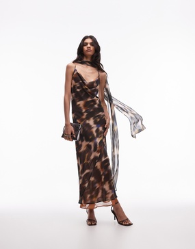 Topshop cowl slip midi dress in blurred multi print with scarf