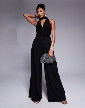 ASOS DESIGN fabric mix wide leg jumpsuit with tie cowl neck in black