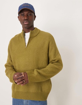 ASOS DESIGN super oversized boxy fit brushed knitted quarter zip sweater in khaki