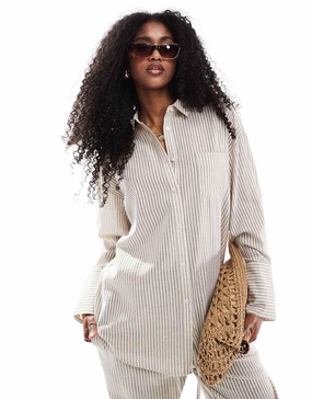 4th & Reckless lightweight linen look striped shirt in beige - part of a set