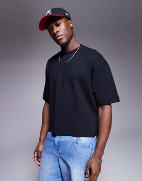 ASOS DESIGN oversized crop waffle T-shirt in black