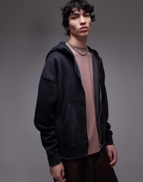 Topman premium heavyweight oversized fit acid wash zip up hoodie in washed black