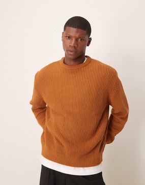 ASOS DESIGN oversized knitted fisherman rib sweater in tan