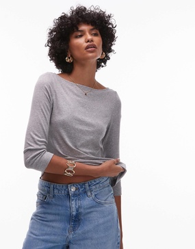 ARKET fluid ribbed jersey boat neck top with 3/4 sleeves in gray melange