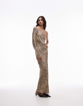 Topshop one shoulder bias cut maxi dress in tiger jacquard