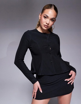 ASOS DESIGN long sleeve button up structured hem top in black - part of a set