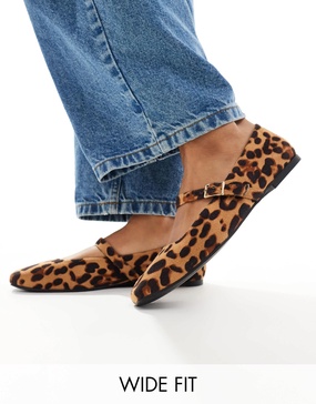 ASOS DESIGN Wide Fit Lottie Mary Jane Ballet Flats in leopard suedette
