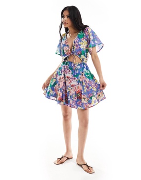 ASOS DESIGN mini cut out dress with godet skirt in blue floral print