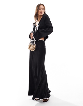 ASOS DESIGN satin bias contrast maxi skirt in black