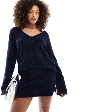 4th & Reckless metallic tinsel knit slit mini skirt in navy - part of a set