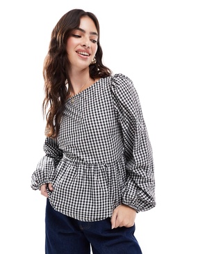 ASOS DESIGN poplin long sleeve ruched back blouse in black gingham