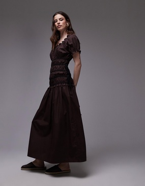 Topshop cap sleeve shirred dress with tie sides in brown with contrast black ties