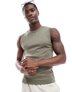 ASOS DESIGN muscle fit tank top with panel detail in khaki