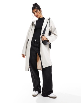ASOS DESIGN rubberized longline parka with drawstring detail in neutral