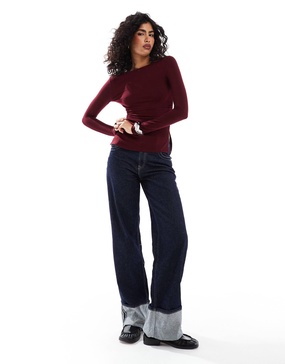 Bershka ruched side long sleeve t-shirt in burgundy