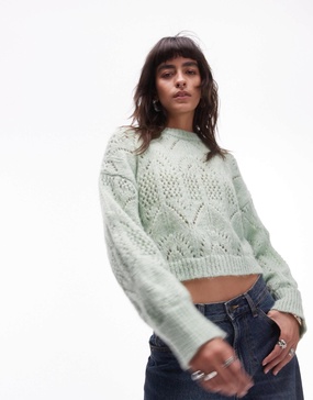NA Topshop knitted crop pointelle sweater in light green