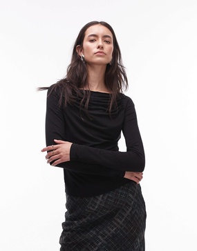 & Other Stories supersoft jersey ruche boat neck top with long sleeves in black