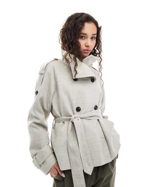 ASOS DESIGN short linen trench coat in stone
