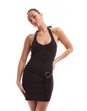 Bershka halterneck knitted belt detail mini dress in brown