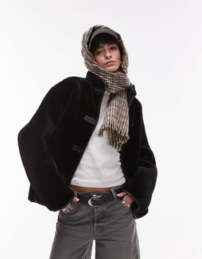 Mango funnel neck shearling jacket in black