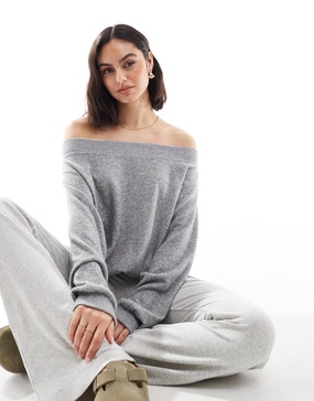 Bershka off the shoulder knit top in gray heather