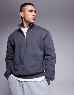 ASOS DESIGN premium heavyweight boxy oversized quarter zip sweatshirt 400gsm in washed black