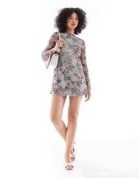 Miss Selfridge extreme flare sleeve 70s printed mesh mini dress