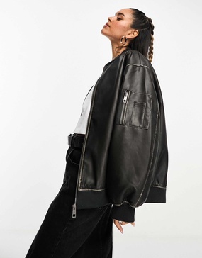 ASOS DESIGN washed faux leather bomber jacket in black