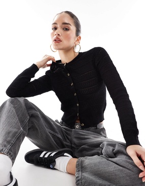 Brave Soul crew neck cardigan with stitch detail in black
