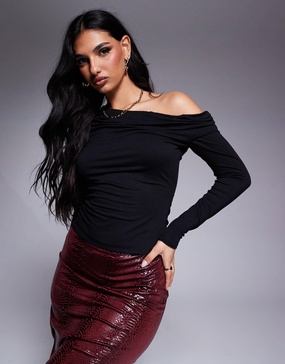 AFRM bria ls top with asymmetrical neckline in crepe knit in black