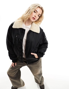 Bershka faux shearling collar padded bomber jacket in black