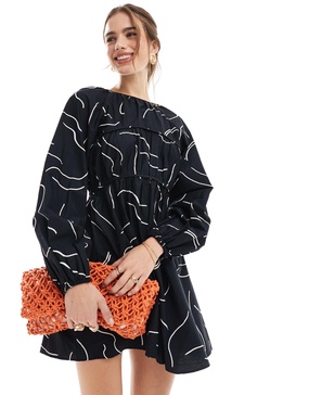 ASOS DESIGN cotton poplin mini dress with ruched bust in monochrome abstract print