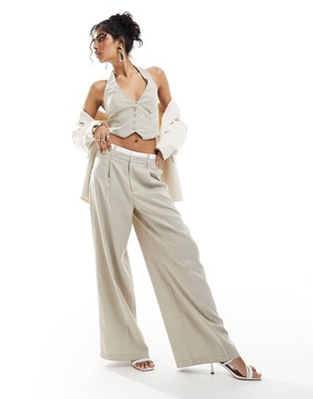 Bershka boxer waisted wide leg tailored pants in light beige