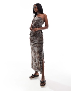 ASOS DESIGN asymmetric mesh maxi skirt in animal print - part of a set