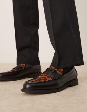 ASOS DESIGN penny loafers in black with leopard print