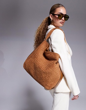 River Island suedette woven slouch bag in brown