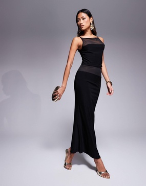 ASOS DESIGN fish maxi skirt with mesh panel in slinky black - part of a set