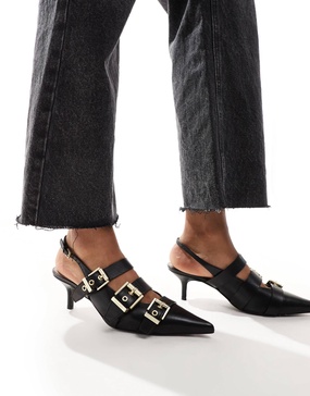 AllSaints Grace buckle sling back leather kitten heel shoes in black