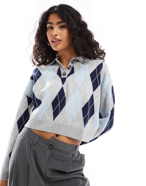 Bershka argyle checked polo neck sweater in gray