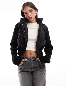 ASOS DESIGN hybrid knit and nylon bomber jacket in black