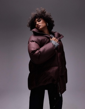 Arket down puffer long line jacket in burgundy