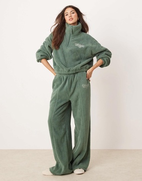 ASOS DESIGN lounge microfleece zip collar sweat & wide leg set in khaki with contrast trim
